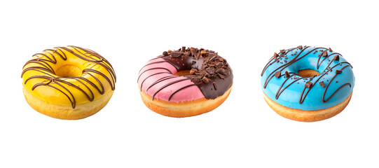 Vibrant Yellow, Blue, and Pink Chocolate Doughnut with Drizzled Chocolate Syrup on Top – Delicious Glazed Donut Dessert Isolated on Transparent Background PNG for Creative Food Design Projects