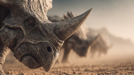 Naklejka premium Ancient Giants: A Herd of Prehistoric Rhinos in a Dusty Landscape
