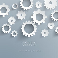 Vector Abstract Background with Scattered White Paper Cutout Cog Wheels, Gears, Shadow Effect, and Technology or Business Concept Design