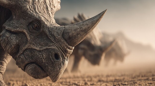 Ancient Giants: A Herd of Prehistoric Rhinos in a Dusty Landscape