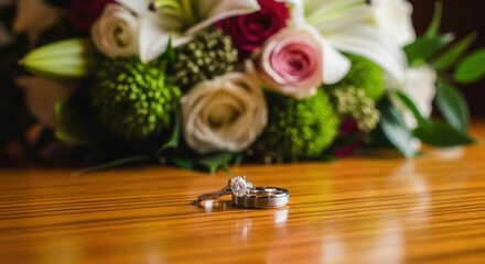 Elegant wedding rings displayed with floral bouquet reflecting eternal love union and commitment