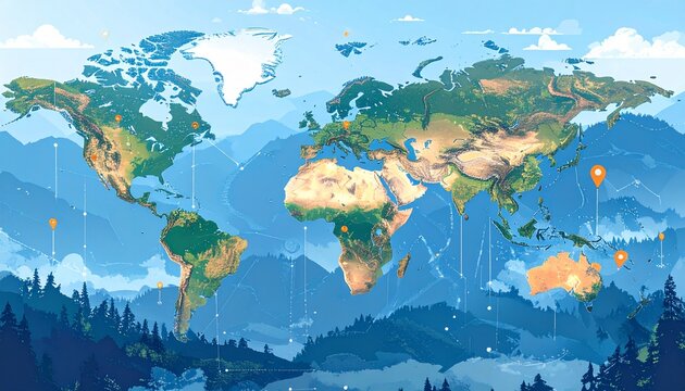 Stylized world map with glowing connection lines over a mountain landscape, illustrating global travel and technology networks