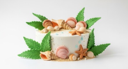 Exquisite beach themed cake with seashells and palm leaves for a tropical celebration
