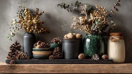 Artfully styled charcoal shelf with cream and forest green props and dried autumn ingredients