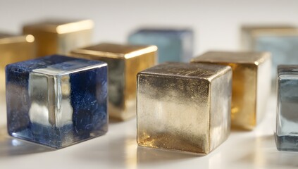 Abstract arrangement of metallic gold and blue glass cubes on white background