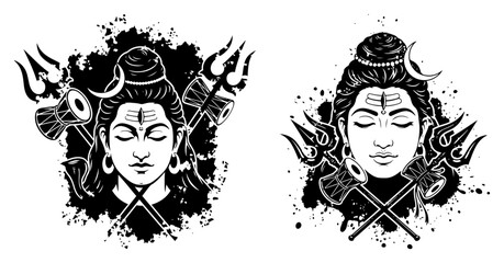 Lord Shiva meditative face with trishula and damaru monochrome vector