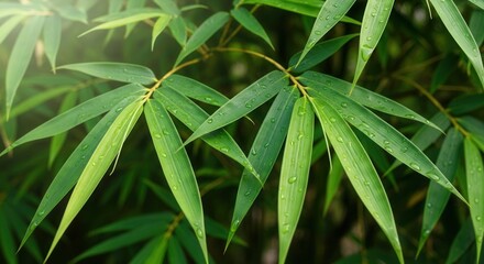 Naklejka premium Lush Green Bamboo Leaves with Water Droplets in a Serene Natural Setting