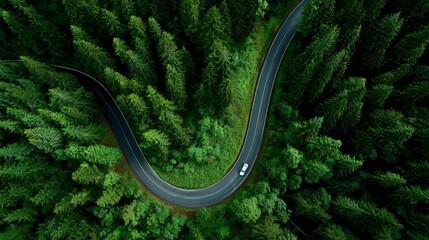 Aerial Curved Road Through Dense Green Forest