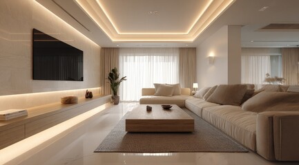 Fototapeta premium Modern living room with beige tones and natural light