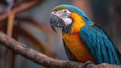 Fototapeta premium Colorful macaw perched on branch in a blurred garden setting