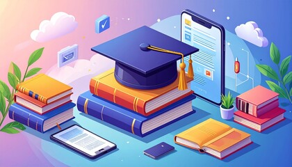 Online learning and digital education concept with graduation cap, books, and smartphone illustrations