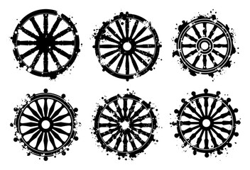 Fototapeta premium Dharmachakra symbols the wheel of dharma grunge vector set