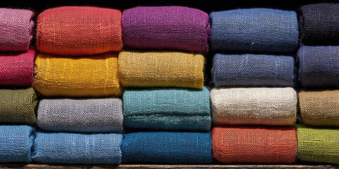 Rolled fabric swatches in a variety of vibrant colors, stacked neatly