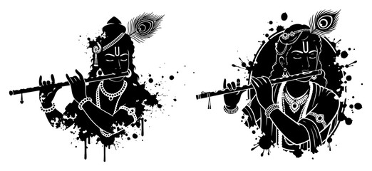Lord Krishna playing flute silhouette for Janmashtami grunge style vector silhouette laser cutting engraving © Anna