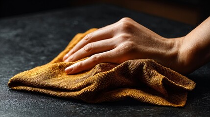 Close-up of hand placing mustard-hued kitchen cloth on a black slate countertop, high contrast