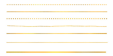 Set of gold straight lines, dashed lines, dotted lines, handwritten lines, for decorating cards and more.