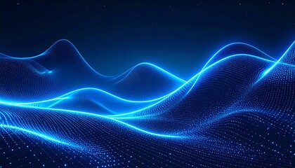 Dynamic abstract blue digital waves of glowing particle lines illustrating a futuristic data visualization or technological network representation, an immersive visual display