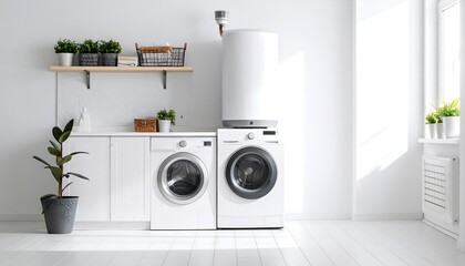 A bright and airy laundry room, featuring modern white appliances and stylish plants.