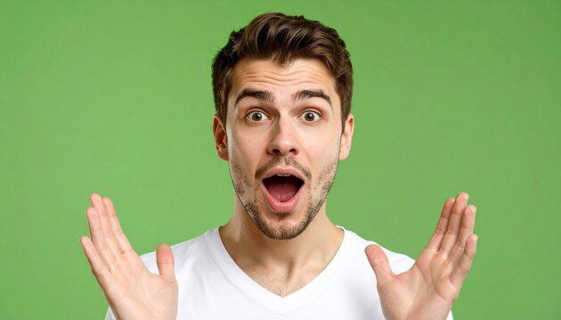 Surprised young man with wide eyes and open mouth, hands raised in an astonished gesture, showing genuine amazement and excitement on a vibrant green background
