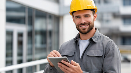 Smiling construction worker in hard hat uses tablet on building site, showcasing modern technology in construction