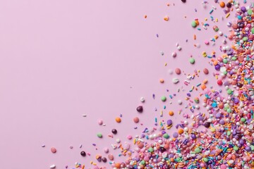 Colorful sprinkles scattered on a pink background