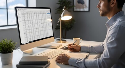 Focused Professional Man Analyzing Data on Desktop Computer and Taking Notes in a Modern Office Environment