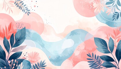 Abstract watercolor background with flowing shapes and botanical elements in pink and blue hues