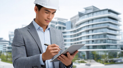 Professional construction worker in hard hat uses tablet to take notes on modern building site, showcasing focus and determination