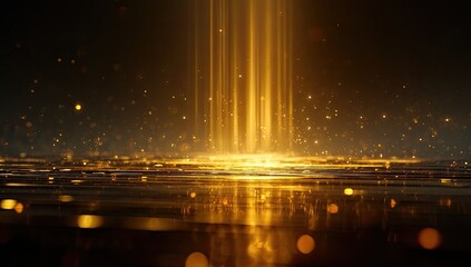 Golden light beams ascend, illuminating a textured surface