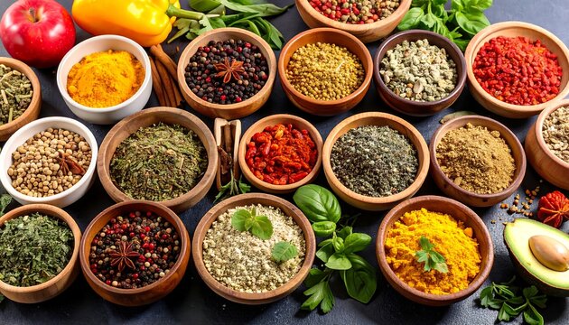 A vibrant arrangement of various spices in wooden bowls, showcasing colorful textures and flavors