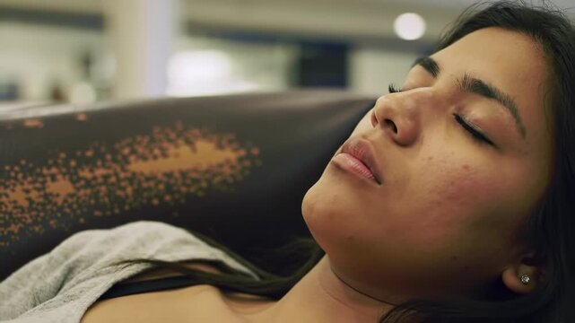 One young adult Asian woman sleeping resting peacefully relaxing on a couch indoors, eyes closed, wellness and lifestyle.
