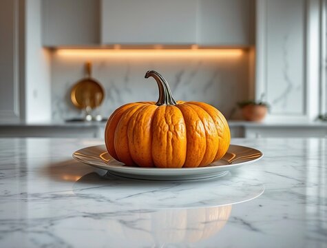 Orange pumpkin on white plate in bright kitchen