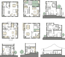Isolated a Architectural Drawings, people plan vector in home top view, Minimal style hand drawn, set elements for architecture and landscape design. Sections, Elevations, Floor Plans. vector art .
