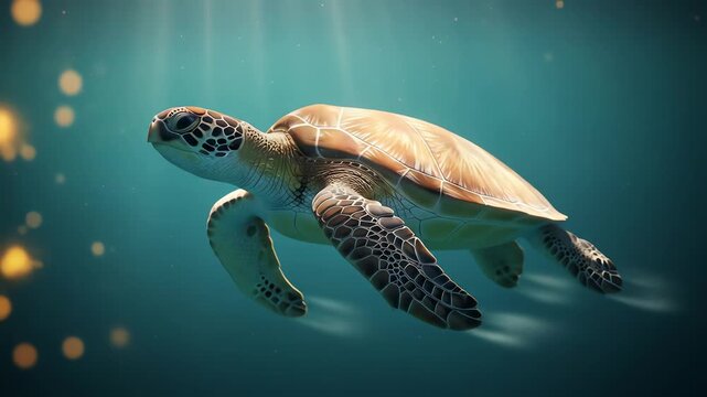 Close-up underwater shot of an abstract turtle swimming with sunlight filtering through the water, creating a serene and peaceful mood.