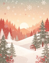 Obraz premium Winter Wonderland Scene with Snowy Trees, Sunset and Festive Vibes