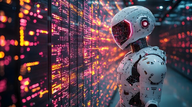 Robotic warehouse worker handling packages amidst a futuristic data landscape