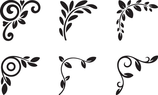 Botanical Corners: A Set of Six Ornate and Stylized Floral and Leafy Decorative Elements