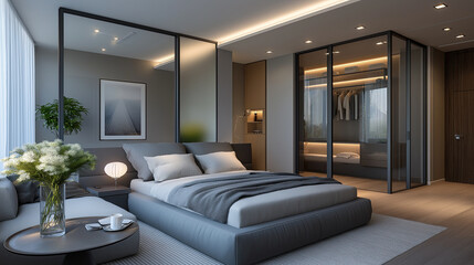 Fototapeta premium Modern gray bedroom featuring cozy bed, stylish decor, and sleek wardrobe. ambiance is serene and inviting, perfect for relaxation