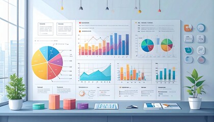 Vibrant workspace showcasing data analysis with colorful charts and graphs on a large digital dashboard display