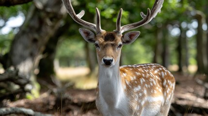 A close-up portrait of a spotted deer, showcasing its magnificent antlers and speckled coat against a blurred backdrop of lush forest foliage.