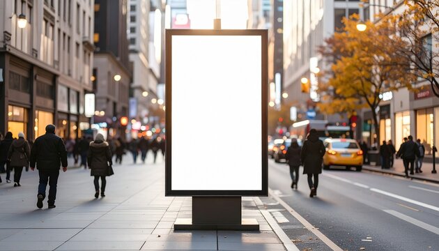 Prominent blank billboard standing on a busy urban street, perfect for advertising campaigns or public announcements, amidst bustling city life at dusk