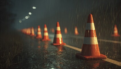 Rainy night road closure, traffic cones