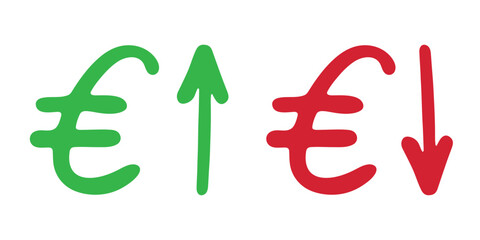 Hand drawn euro currency symbol Growth and fall profit with arrow up and down Brush stroke doodle Element for design