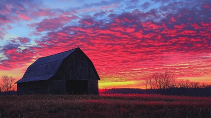 A picturesque barn silhouette against a vibrant sunset sky, showcasing stunning colors and a serene rural landscape.