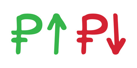 Hand drawn russian ruble currency symbol Growth and fall profit with arrow up and down Brush stroke doodle Element for design