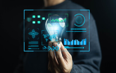 Hand holding glowing light bulb with futuristic AI technology interface, symbolizing innovation, artificial intelligence, data analytics, machine learning, creative ideas, and digital transformation.