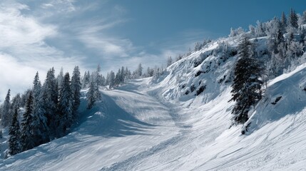 A  winter wonderland ski slope winds through a mountainside covered in snow-laden evergreens.