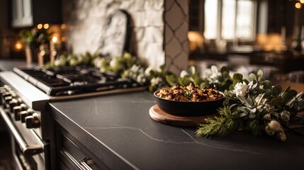 Dark charcoal kitchen counter, floral garland and shepherd’s pie, clean lines, high contrast shadows
