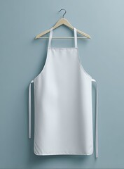 Blank white apron on wooden hanger against light blue wall
