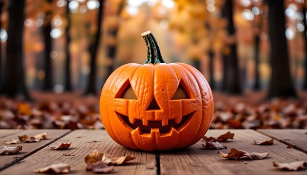 A Halloween themed pumpkin placed on a wooden surface surrounded by autumn leaves. The pumpkin is carved with a spooky jack o' lantern face.